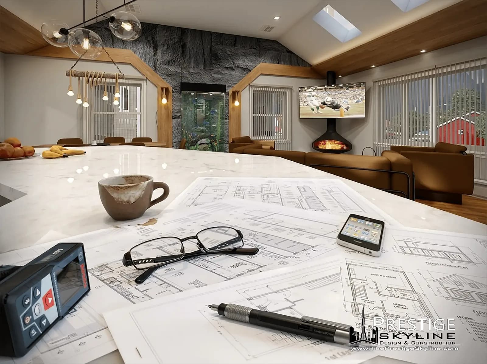 Architectural floor plans, glasses, and a laser measure on a counter with a 3D home design rendering behind