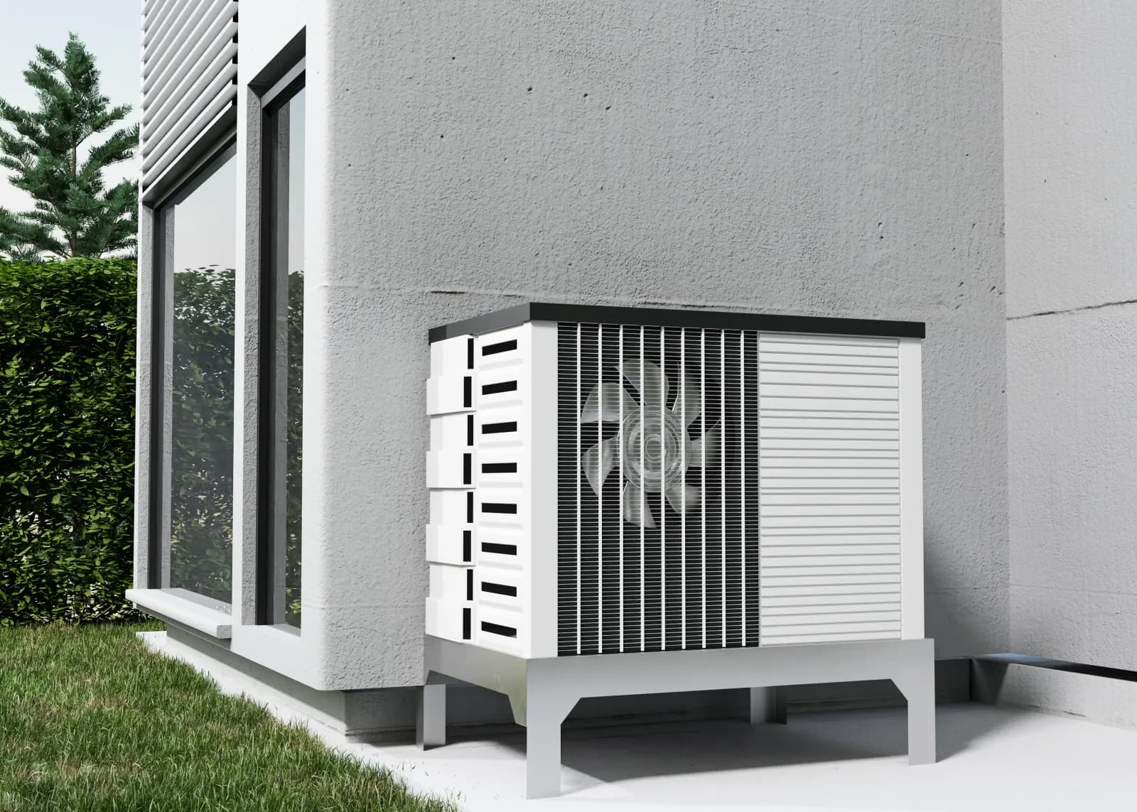 Exterior heat-pump HVAC unit on a raised stand beside a modern stucco home