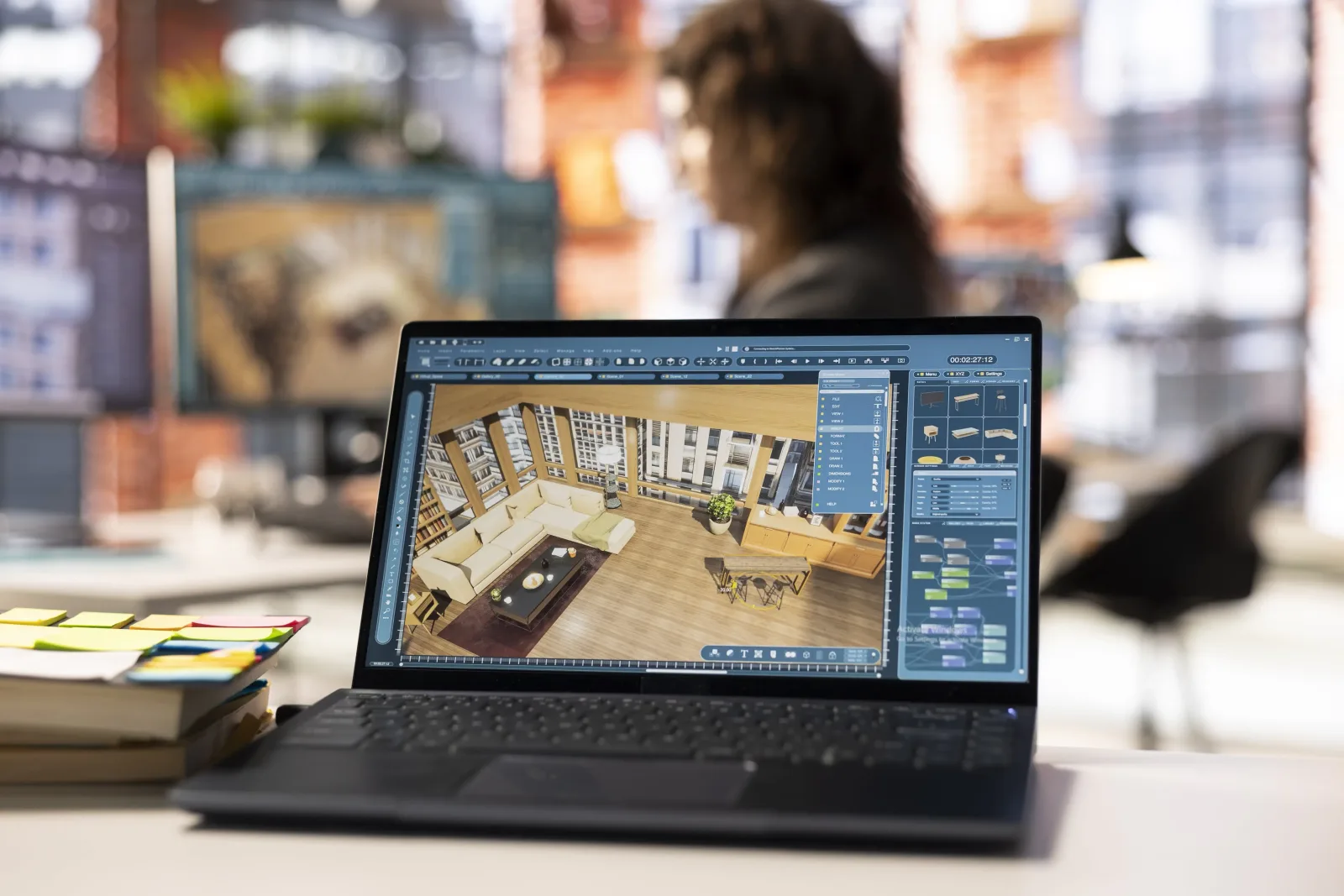Designer reviewing a 3D interior design model on a laptop in a studio — design and construction under one roof