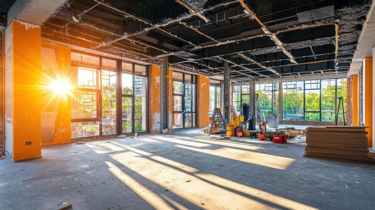 Commercial interior gutted to the structure during a full renovation, sun through new window walls