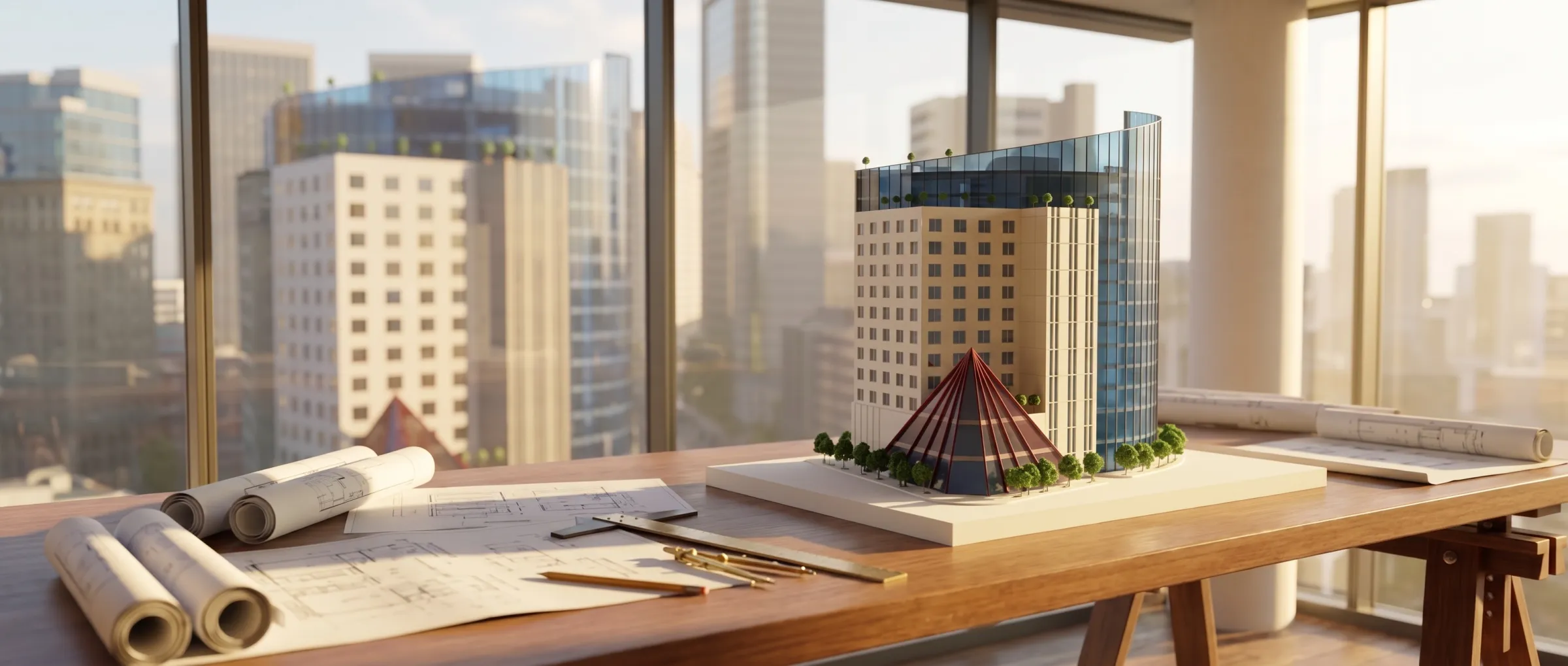 Architectural scale model of a NYC high-rise on a desk with blueprints and drafting tools