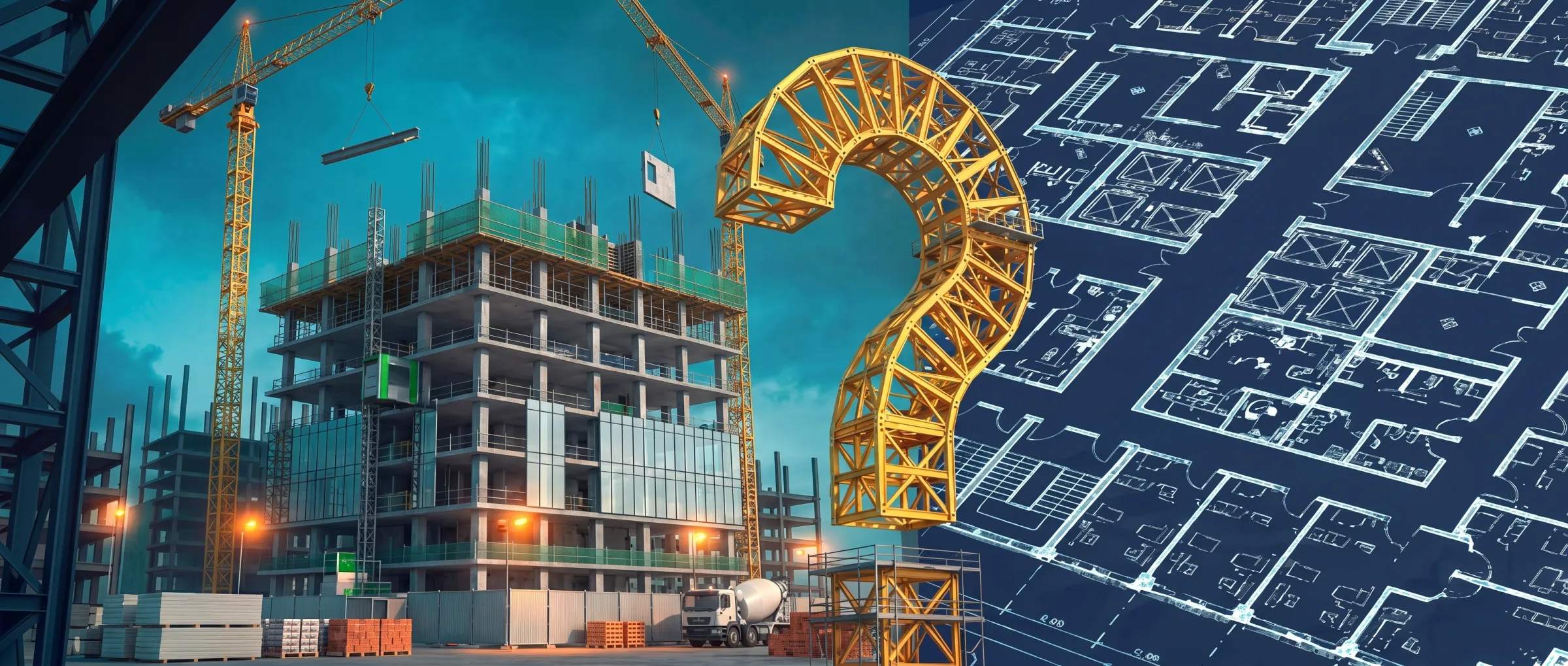NYC high-rise construction site with tower cranes alongside architectural blueprints