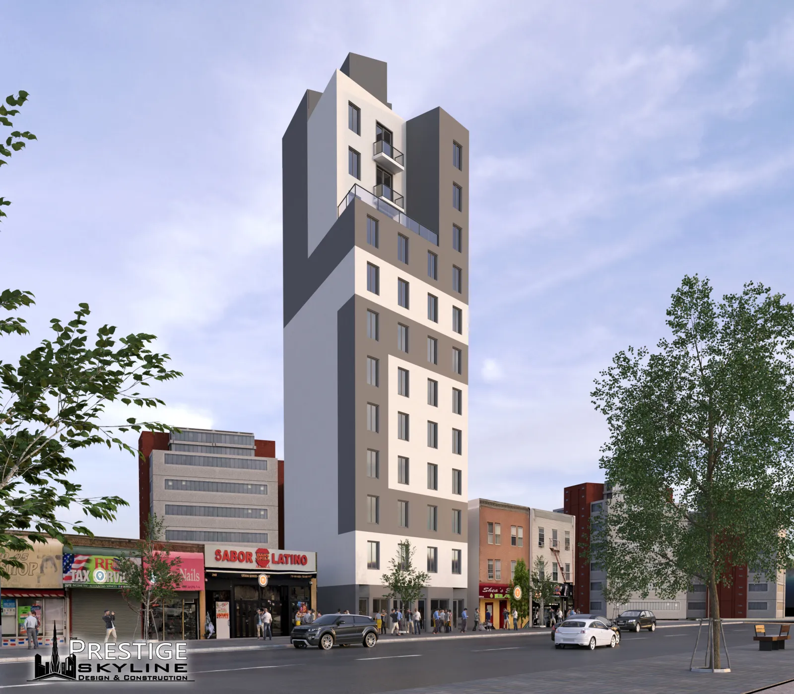 2962 Jerome Avenue — Ground-up facade design and renovation for a slender mixed-use tower on a busy Bronx commercial corridor.