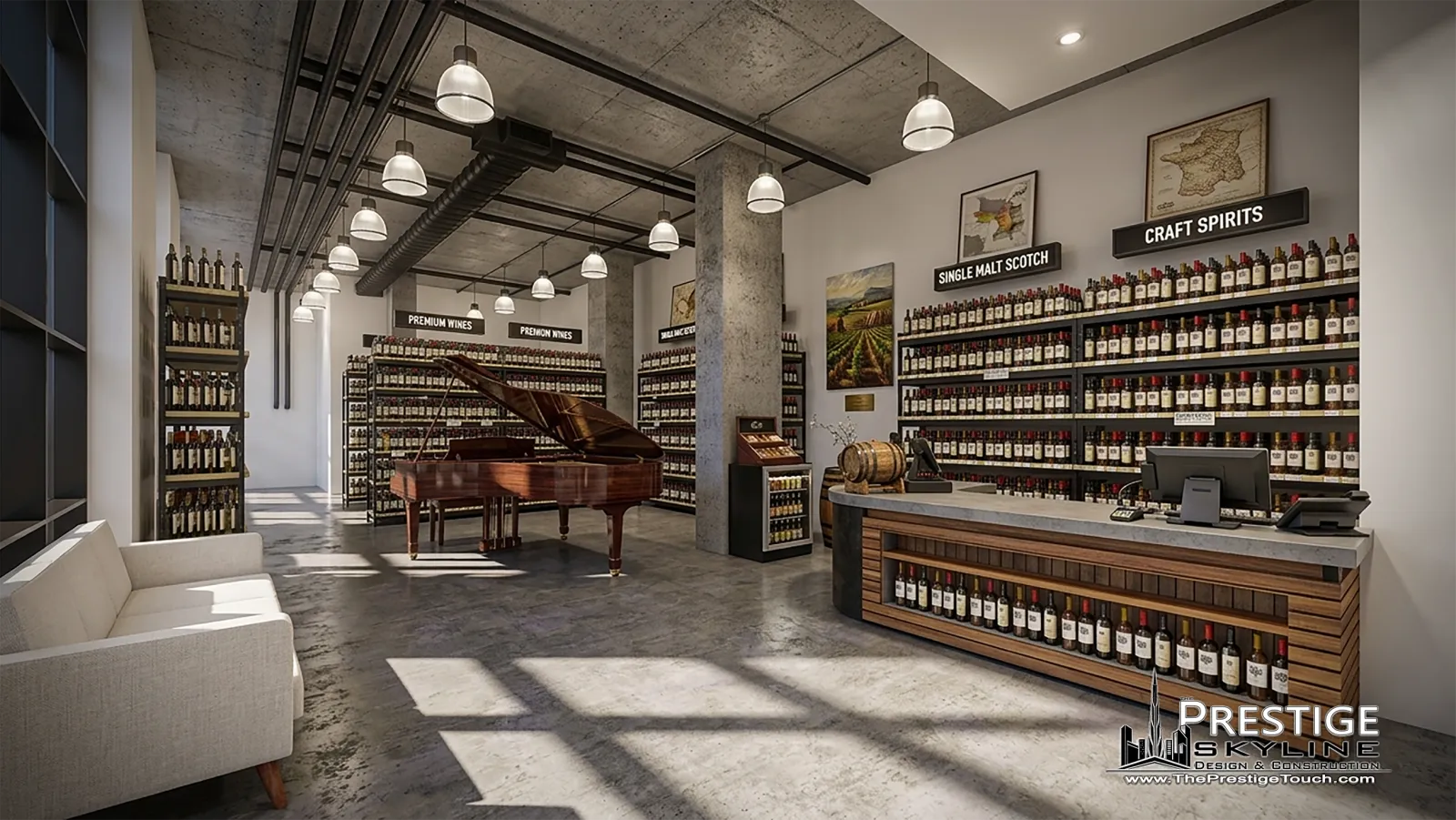 3002 39th Avenue — Design-build of Vine Shop, an upscale retail liquor and wine store carved out of a raw Long Island City ground-floor shell.