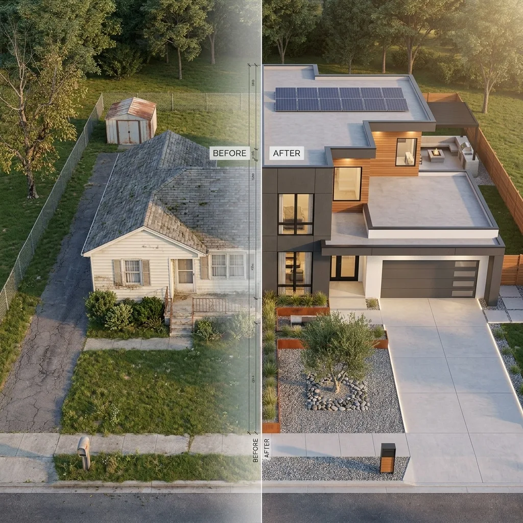 Before-and-after aerial of a dated house transformed into a modern NYC home renovation and addition by Prestige Skyline