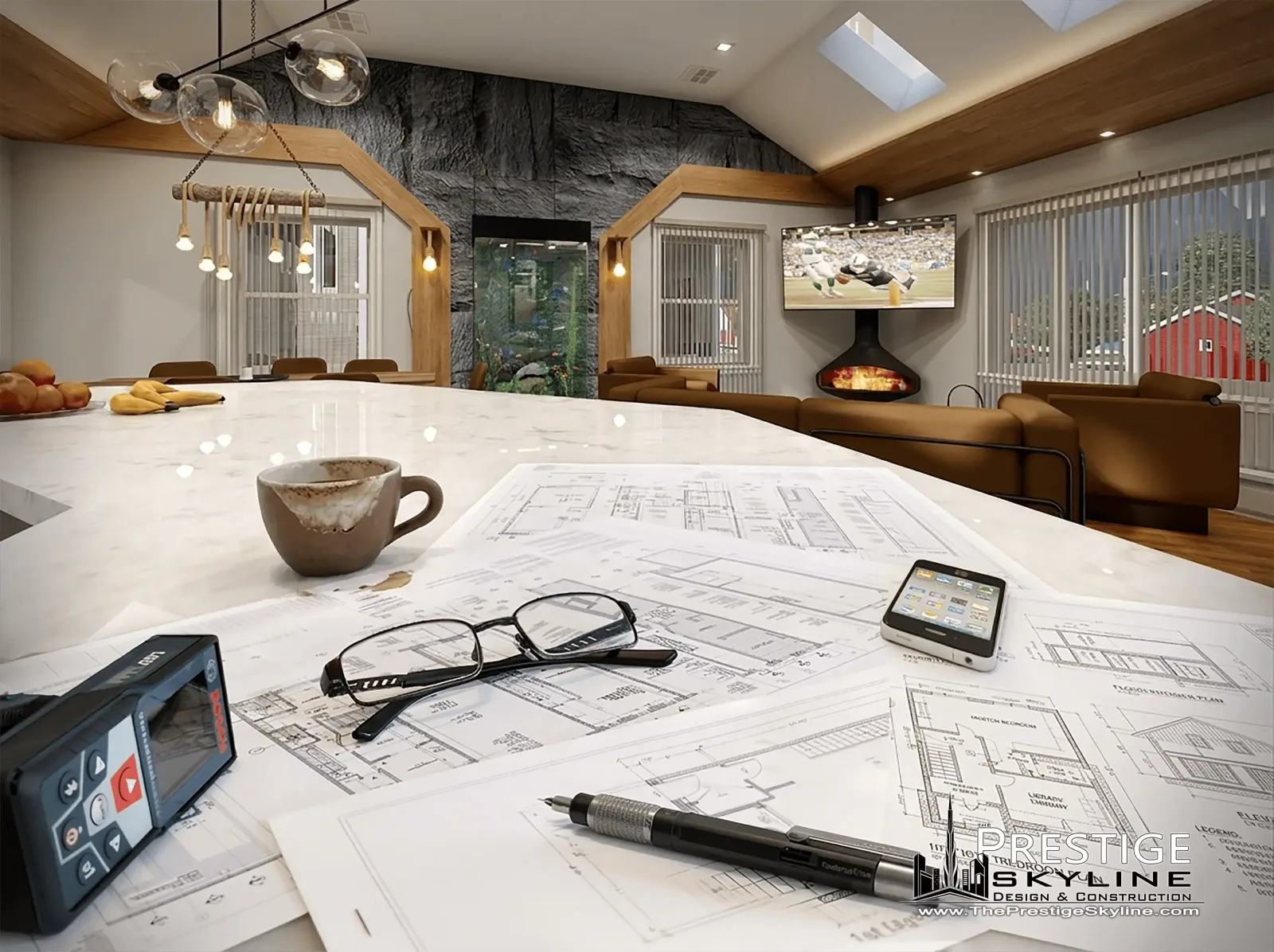 Architectural floor plans, glasses, and a laser measure on a counter with a 3D home design rendering behind
