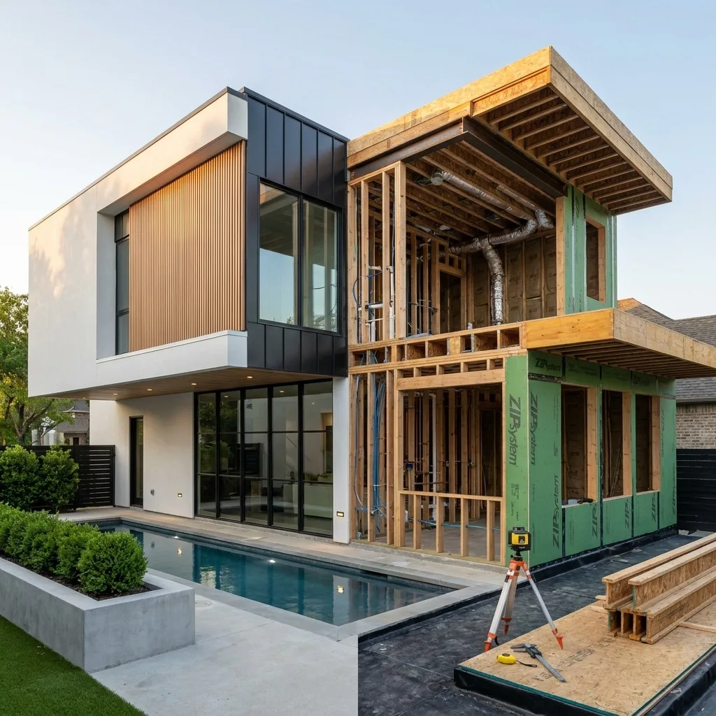Two-story modern NYC home mid-construction showing exposed framing, structural systems, and ZIP System sheathing