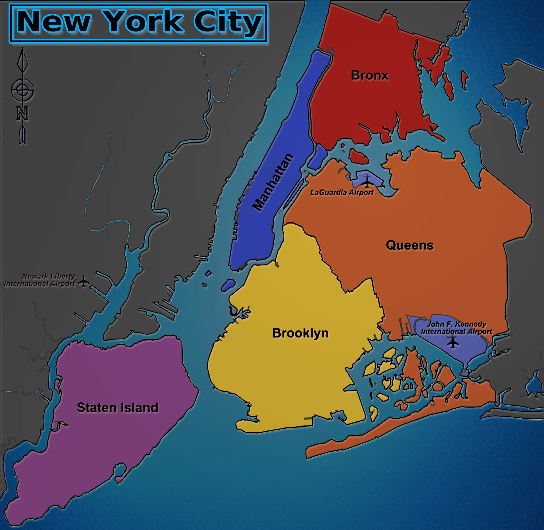 Map of New York City with all five boroughs highlighted — Manhattan, Brooklyn, Queens, the Bronx, and Staten Island
