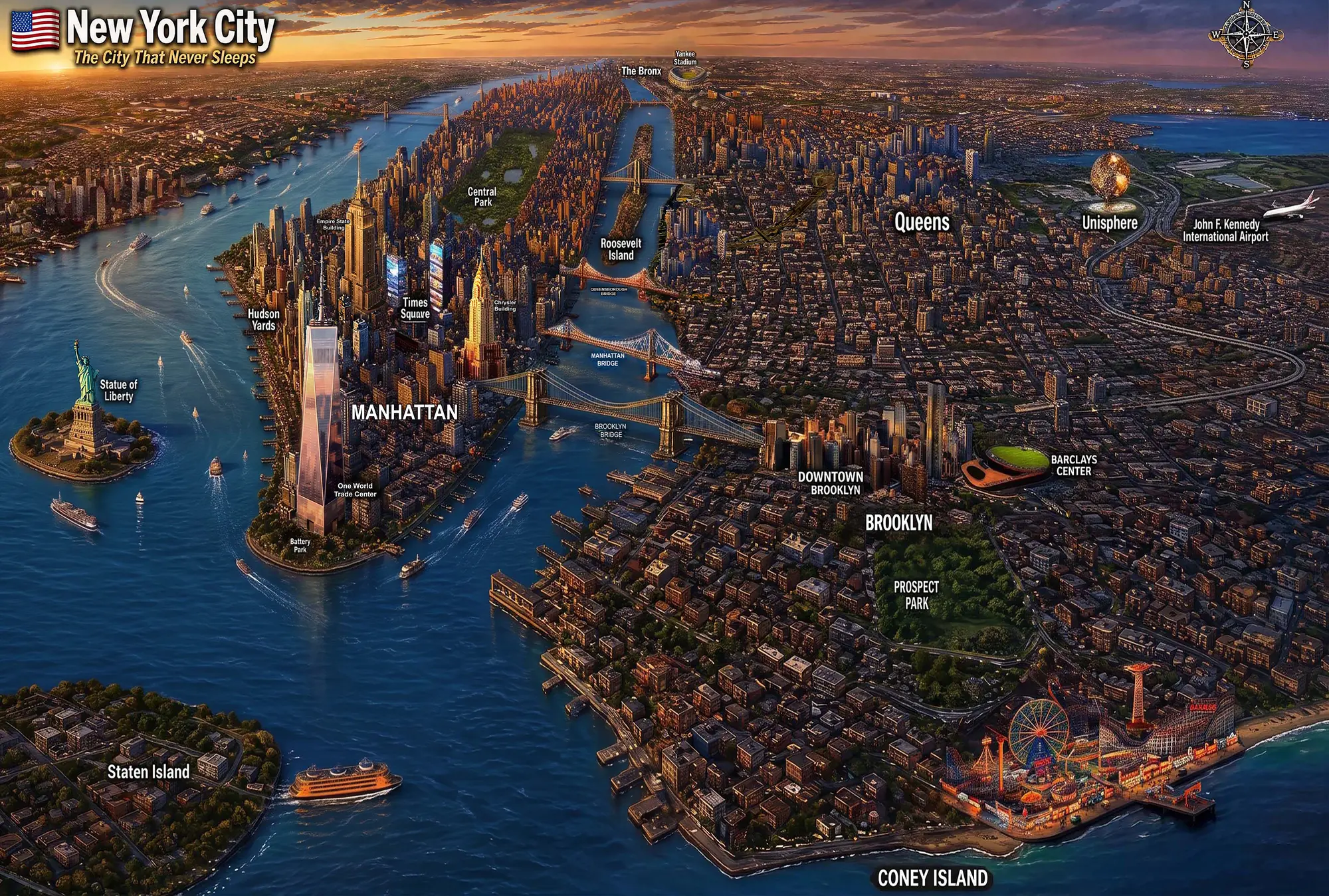 Aerial skyline view of New York City across all five boroughs